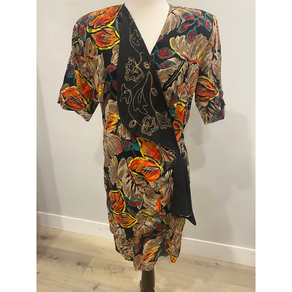 Vintage 80s 90s Floral Wrap Dress Gold Embroidered Lapel Tropical Midi Black L